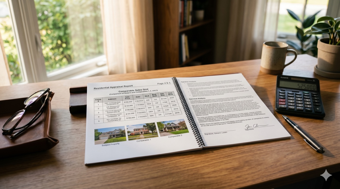 Real estate appraisal report and Coachella Valley market data on a desk